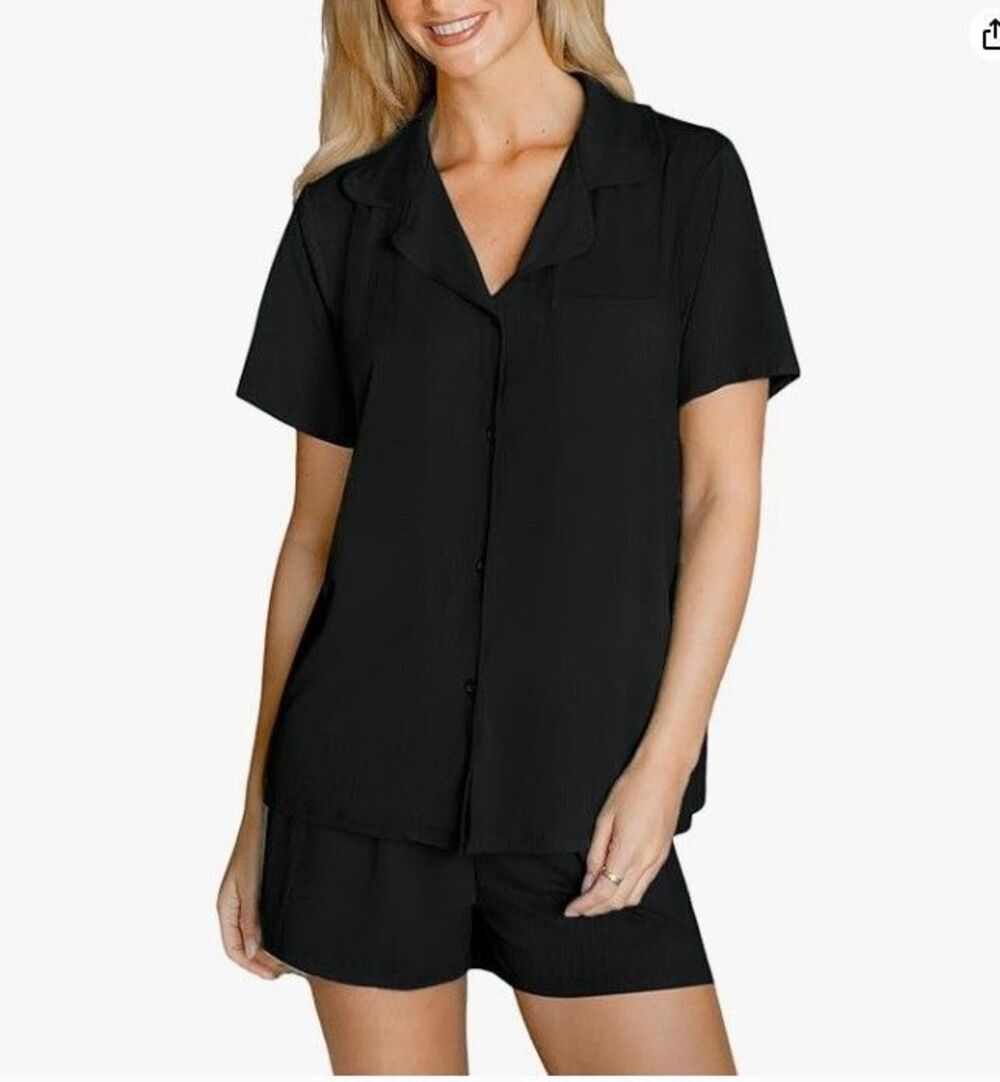 NWT CUPSHE Pajama Set Womens Large L Black Ribbed Short Sleeve Button Top Shorts